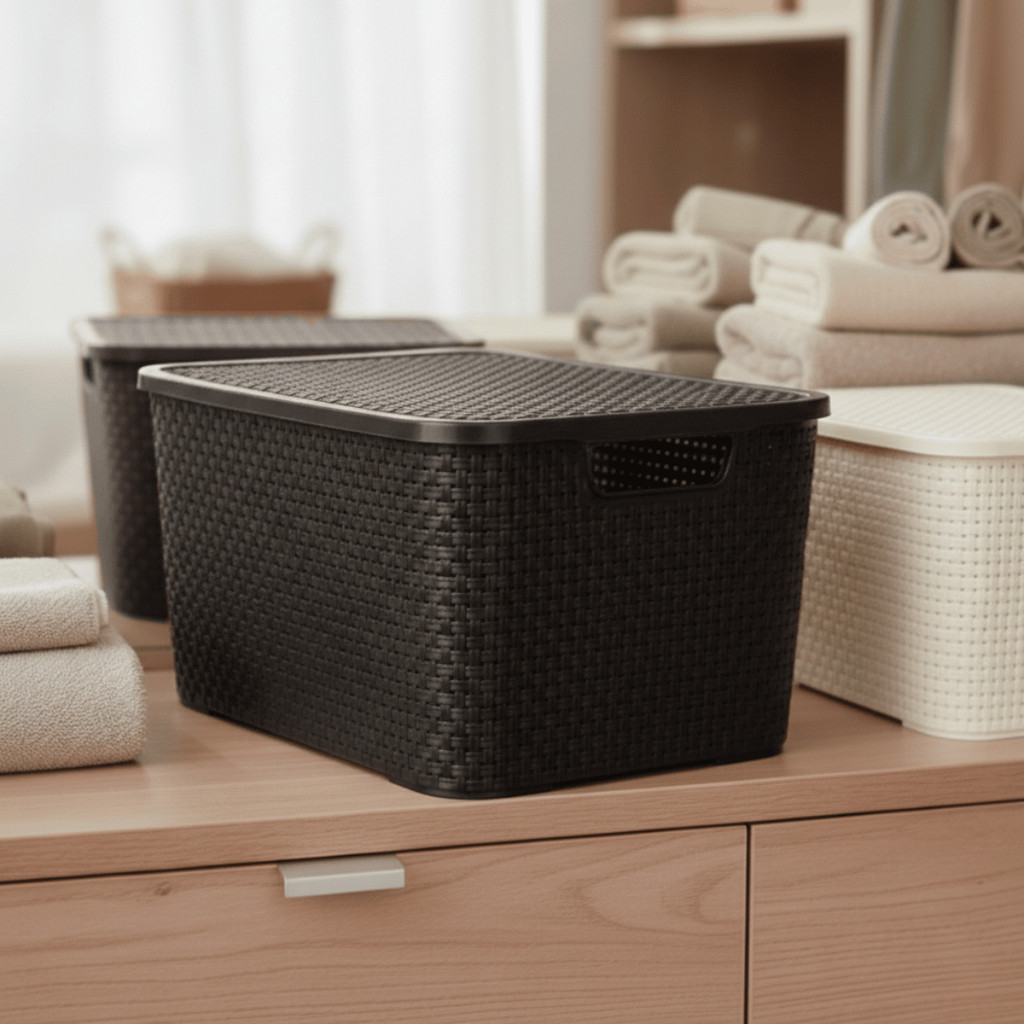 Kit 2/3/6 Caixa Organizadora Rattan 15L Preto Tampa Trava - ARQPLAST / Jogo Cesto Armazenamento