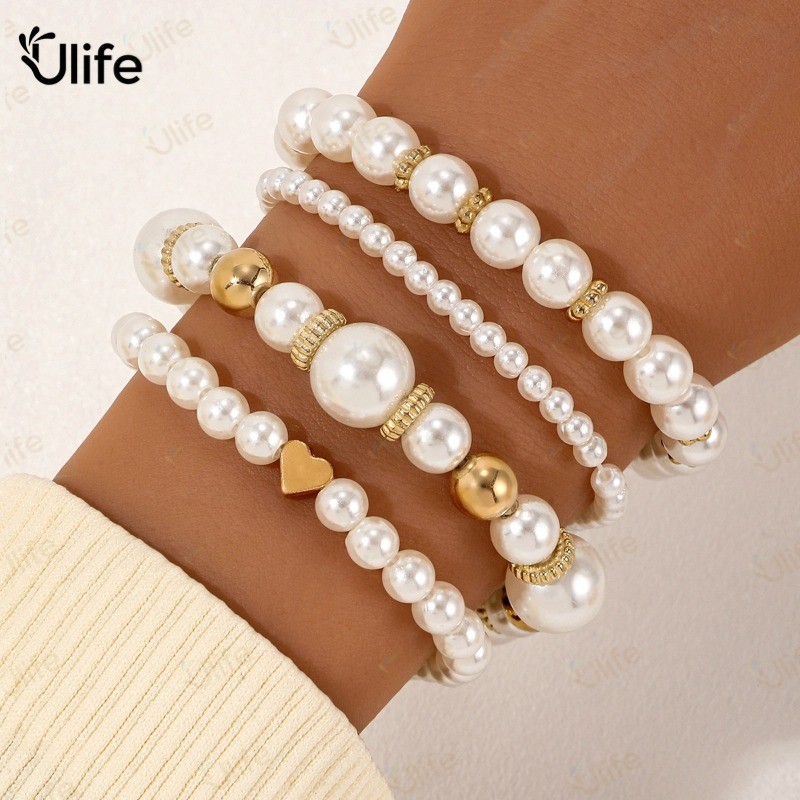 Kit de Pulseiras de Pérola Aprova d'Água - Conjunto com Detalhes Dourados, Pulseiras Femininas em Oferta na Shopee