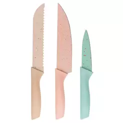 Kit 3 Facas Slice Colorido 24cm Aço Inox Lyor para Cozinha Cortar Fatiar Frutas Legumes Carnes Pães Uso Prático Lar