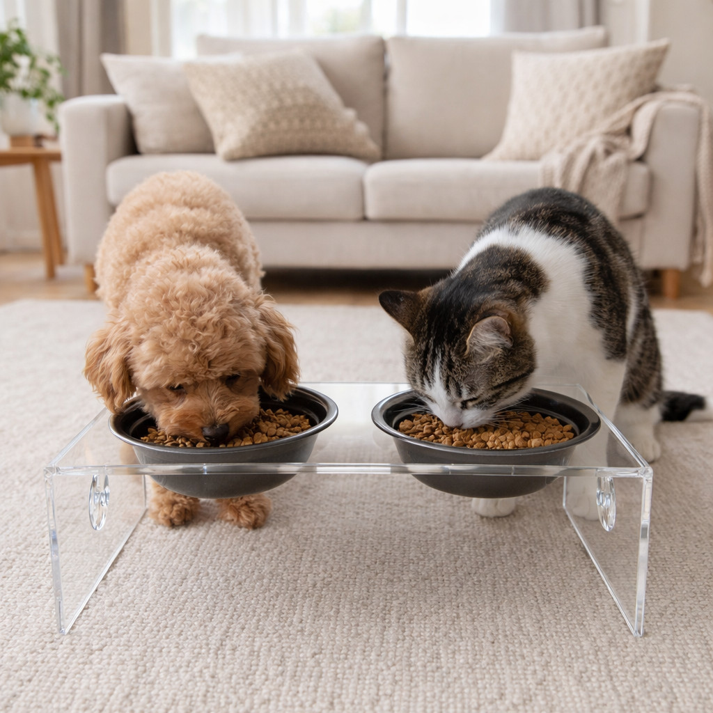 Comedouro e Bebedouro Acrílico Com Tigelas Inox p/ Cão e Gato