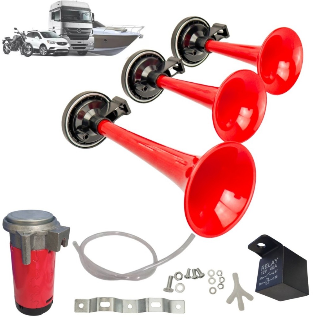 Buzina Pneumática Acionamento A Ar Com 3 cornetas + compressor 12V + Rele em Oferta na Shopee