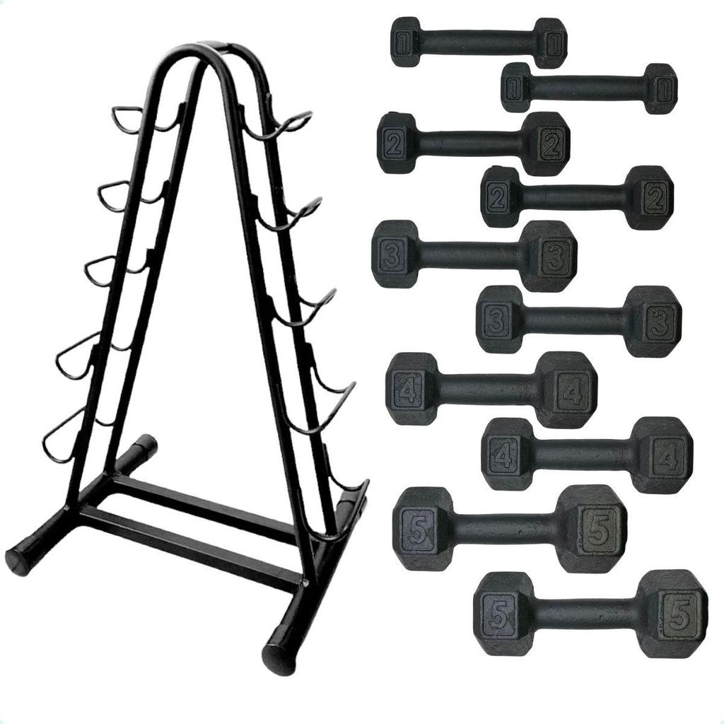 Torre Suporte + Halteres Sextavado de Ferro Fundido - Pares de 1 a 5Kg