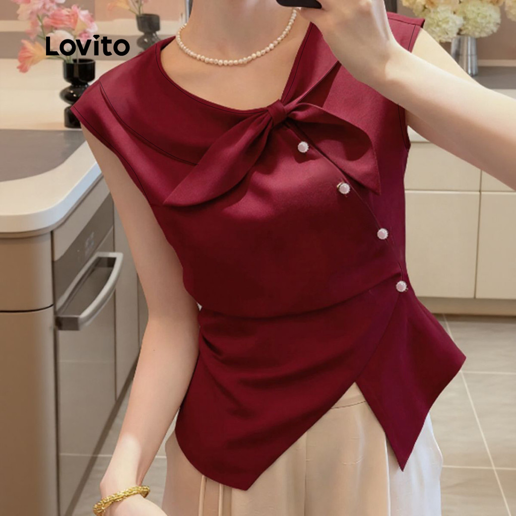 Lovito Blusa Casual Com Botões E Pregas Cor Vinho Para Mulheres L158ED1278 em Oferta na Shopee