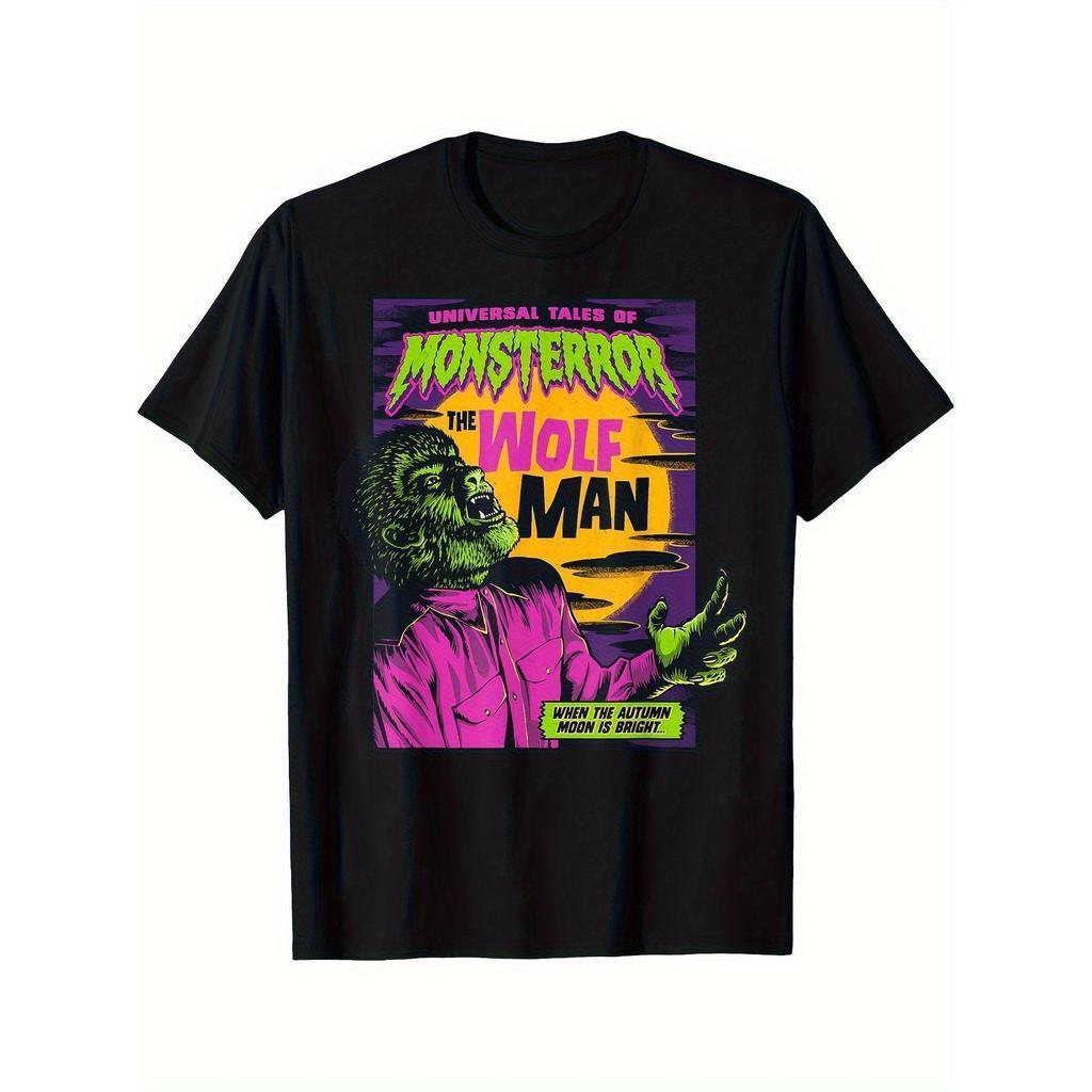 T-shirt de monstro lobisomem - T-shirt de horror preto com gráfico de arte verde ne?nico e roxo, tecido elástico macio,
