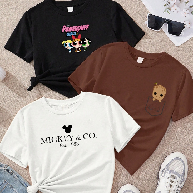 Kit 3 Camisetas Feminina Meninas Super Poderosas Mickey T-Shirts Fofa Delicada Blusa Personagens