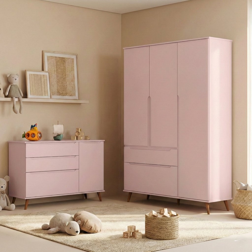 Quarto Infantil Guarda-Roupa 3 Portas e Cômoda 3 Gavetas Retrô  100% MDF Melinda Rosê Rosê em Oferta na Shopee