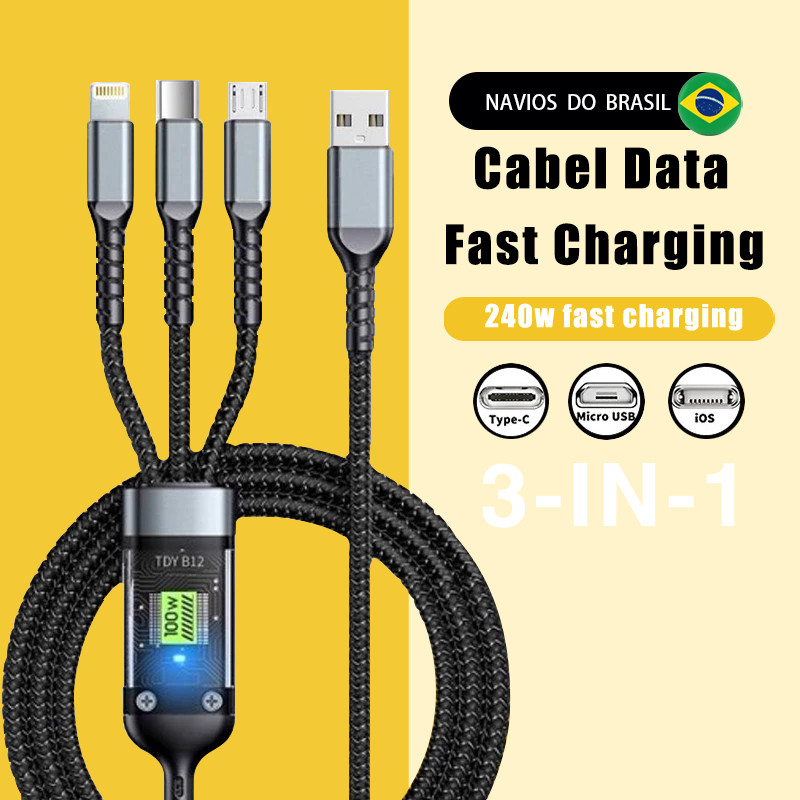 3 Em 1 Cabo Trançado Carregador Super Rápido 240W Adaptador USB Para Android Tipo C Adaptadores Micro IOS CV01