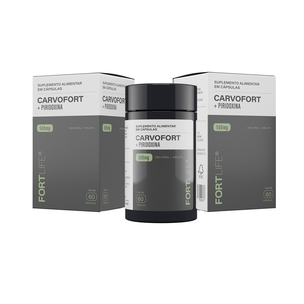 Kit 2 CarvoFort Piridoxina 1X + Carvão Ativado 500mg 60 Cápsulas FortLife