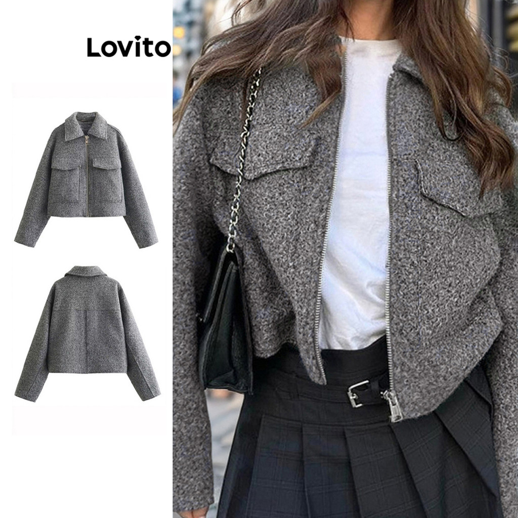 Lovito Jaqueta Casual Com Bolso Liso Com Zíper Para Mulheres LNL54290 em Oferta na Shopee
