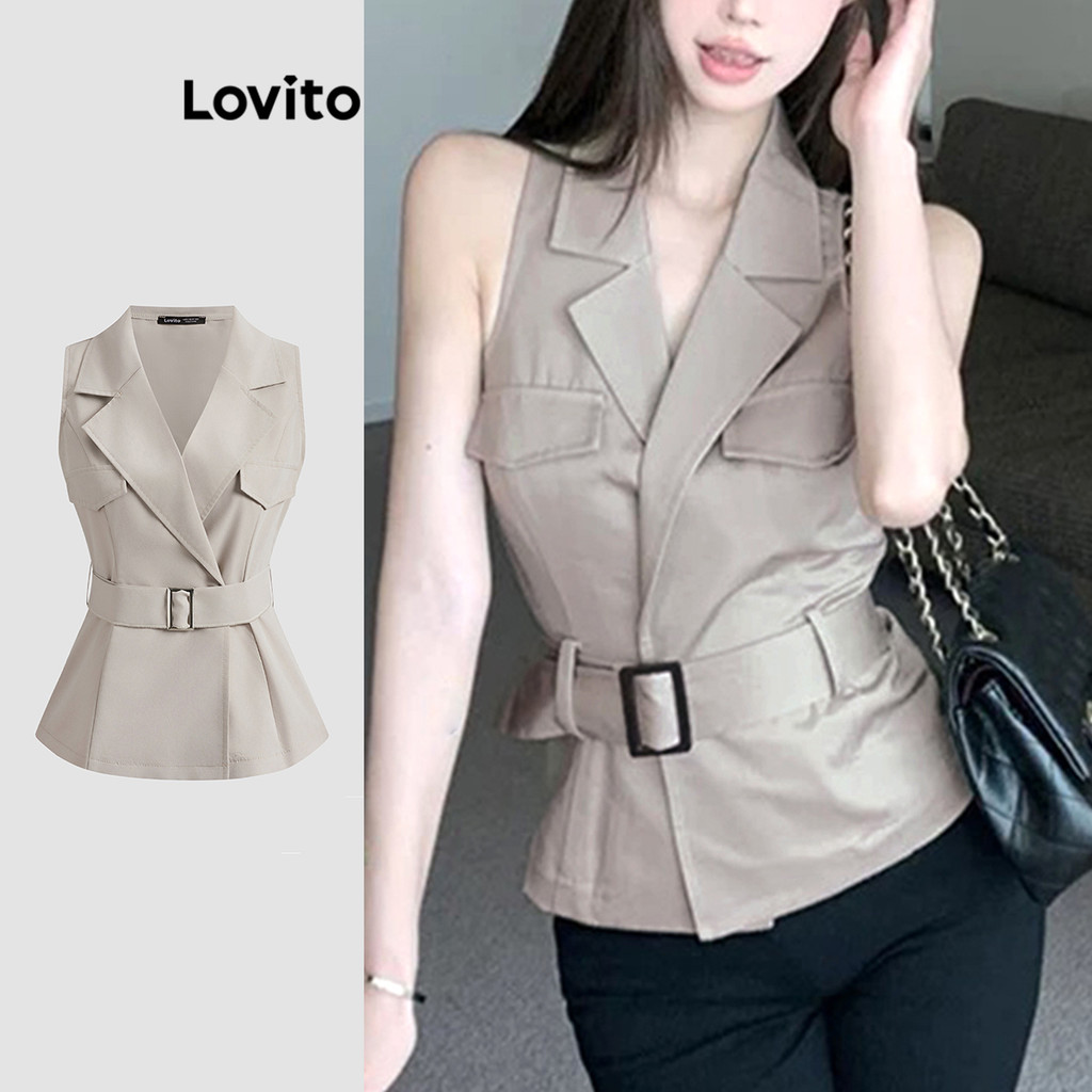 Lovito Blusa Elegante Lisa Com Cinto E Bolso Falso Para Mulheres, Verão/primavera L121MD337