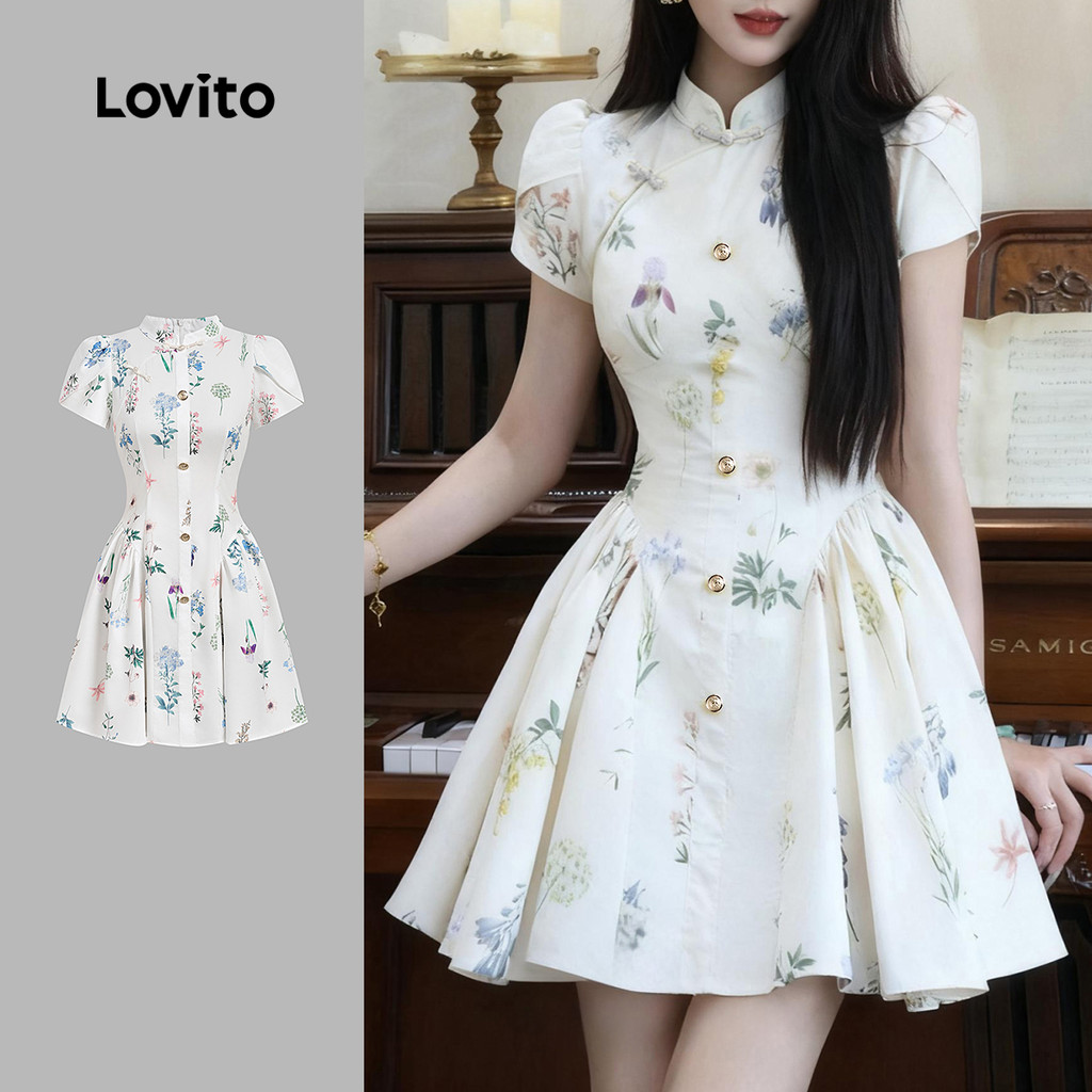 Lovito Vestido Vintage Flores Novo Estilo Chinês Primavera/verão Vestido para Mulheres LK2ED140 em Oferta na Shopee