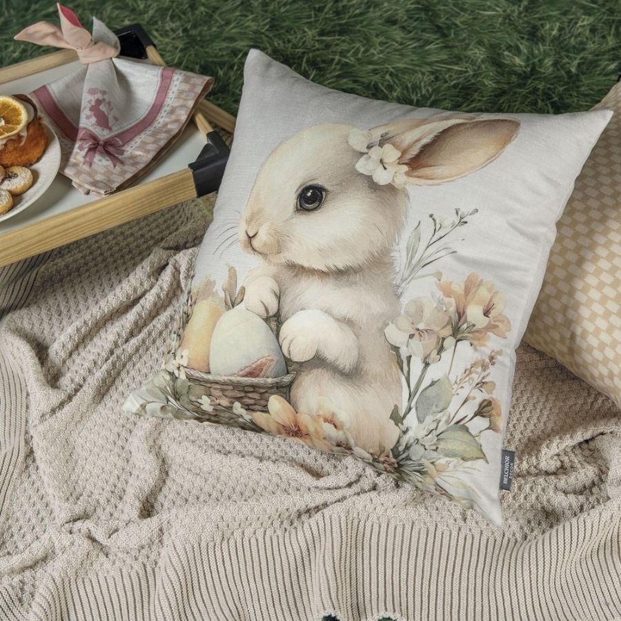 Capa para Almofada de Páscoa Premium - Coelhinho com Flores nas Orelhas e Cesta de Ovos - Tons Pastéis - 43x43cm - 1 uni em Oferta na Shopee