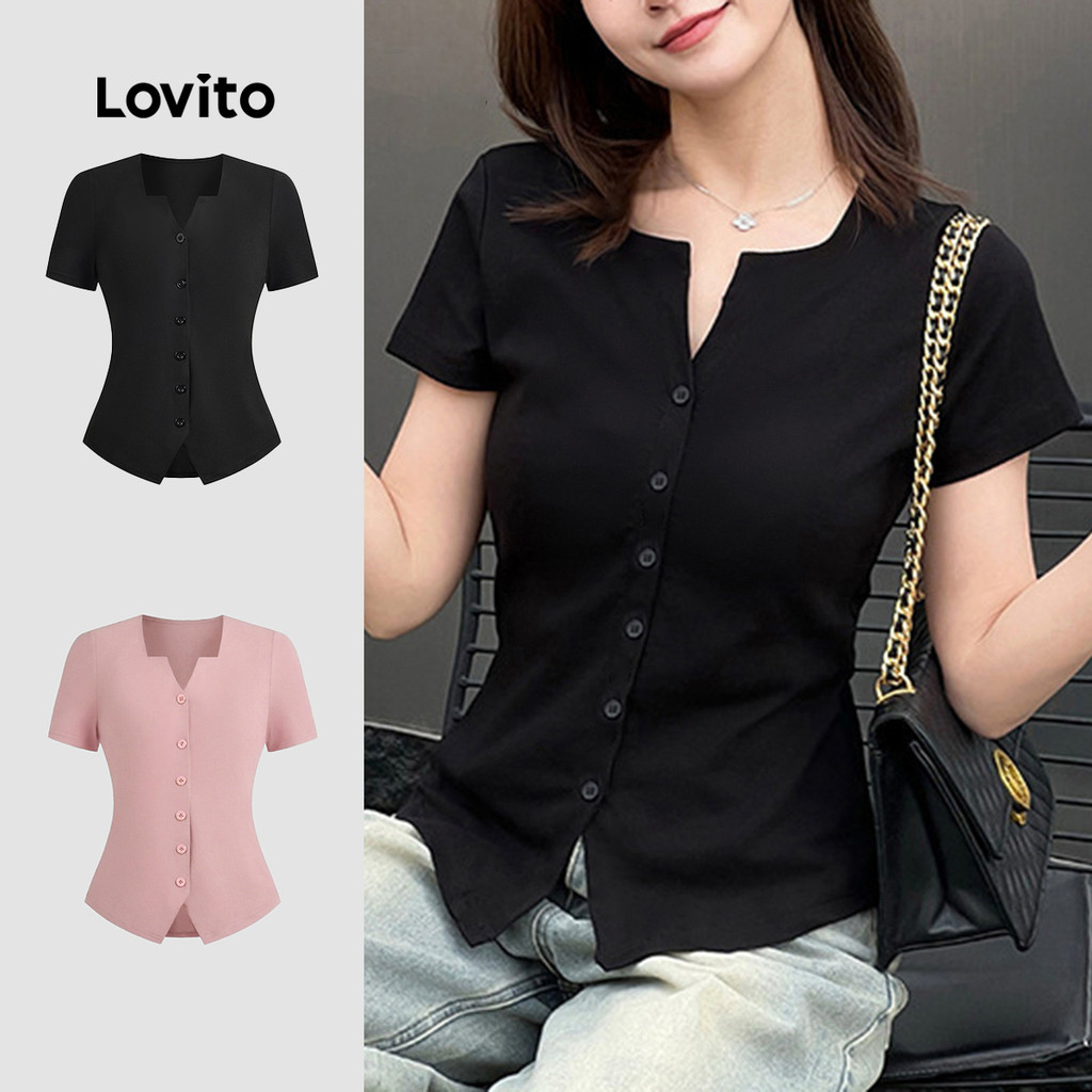 Lovito Camiseta Preta Casual Com Botão Liso Dividido Na Frente Primavera/Verão Para Mulheres L135A2D216