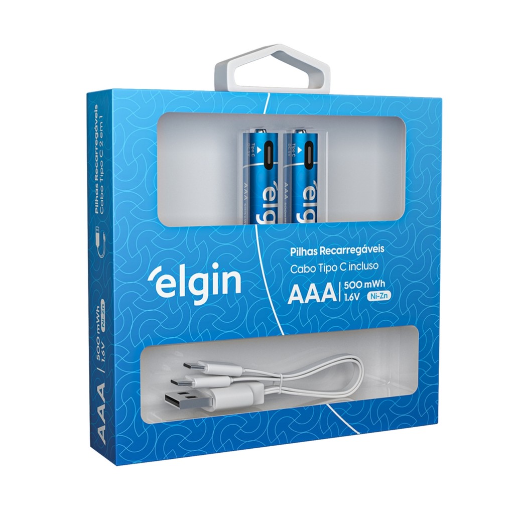 2 Pilha Palito AAA Recarregável Com Cabo Tipo C 500mah Elgin