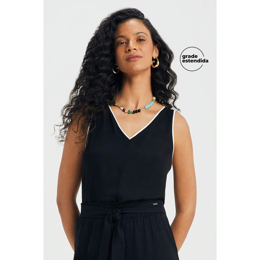 Regata Feminina Decote V Creponada Marialícia Preto