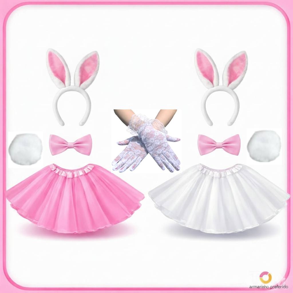 Kit 5 pçs Coelhinha Adulto e Infantil com Tiara+Gravata+Pompom+Saia Tule e Luva Fantasia para Festas