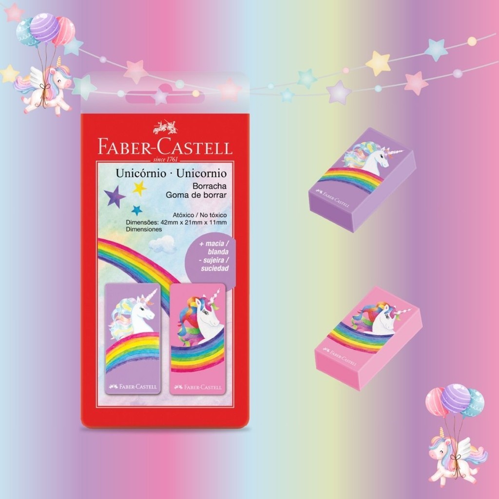 Kit 02 Borracha Escolar Unicórnio Colorida Blister Fofa Macia