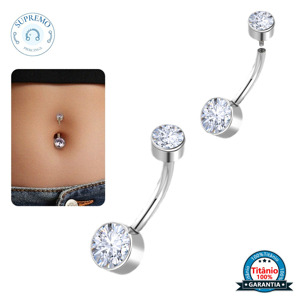 Piercing Umbigo Banana Titânio 2 Pedras Zircônia Cravejada | Rook Orelha Daith Barras Body Jewelry
