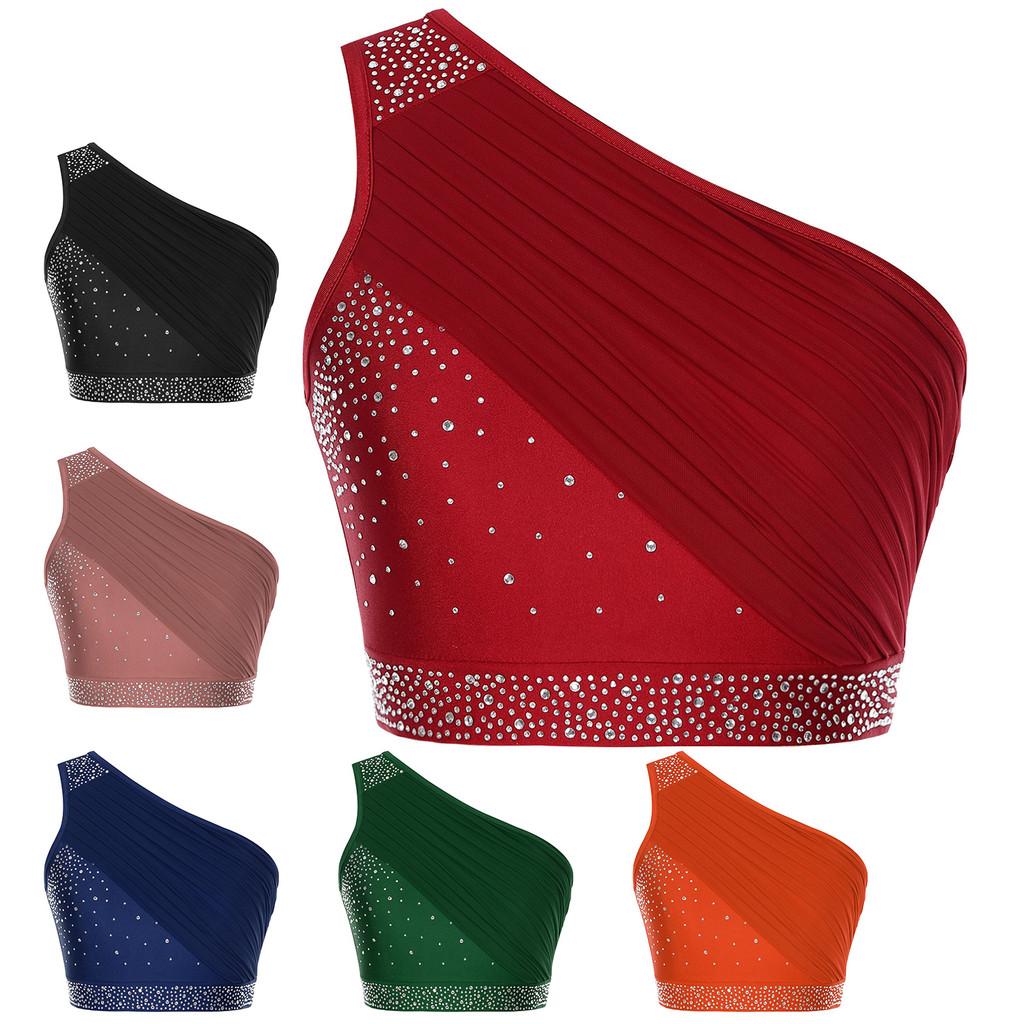 inhzoy Womens Lyrical Dance Costume Adult Modern Dancewear One Shoulder Ruched Mesh Overlay Rhinestones Crop Top
