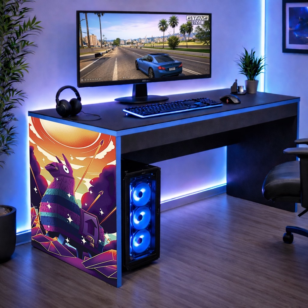 Escrivaninha Quarto Gamer Mesa de computador Geek Borda Azul Tema Lhama FortNite Achadinho Oferta