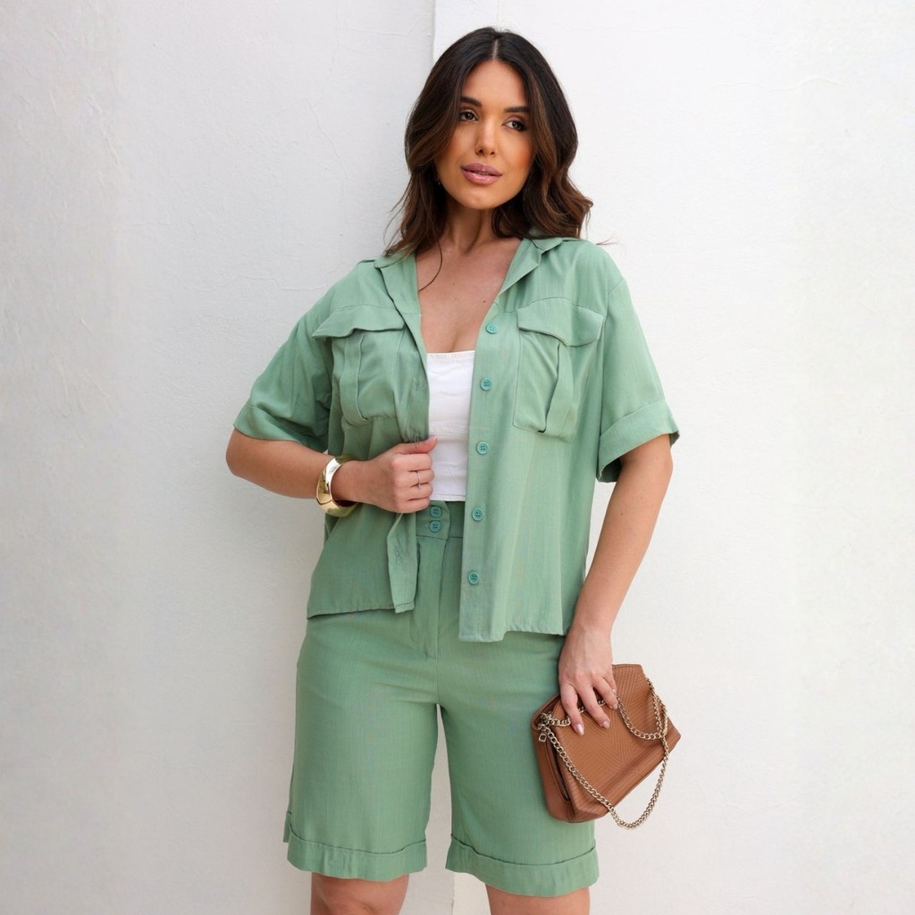 Conjunto Feminino Jade Blusa Botões e Bermuda Viscolinho Social Tendência Casual
