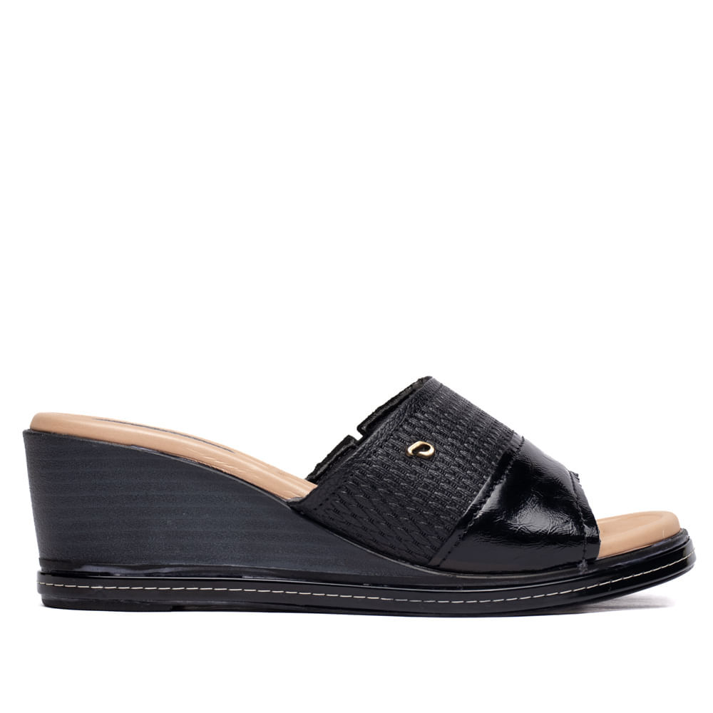 Tamanco Feminino Pegada Couro Anabela Texturizado Preto/Bege em Oferta na Shopee