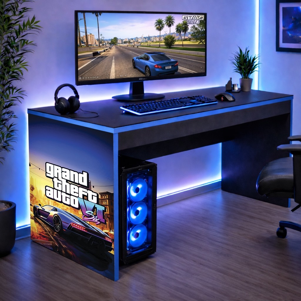 Mesinha Escrivaninha Gamer Infantil com Borda Azul Jogos e Estudo GTA Online Grand Theft Auto 5