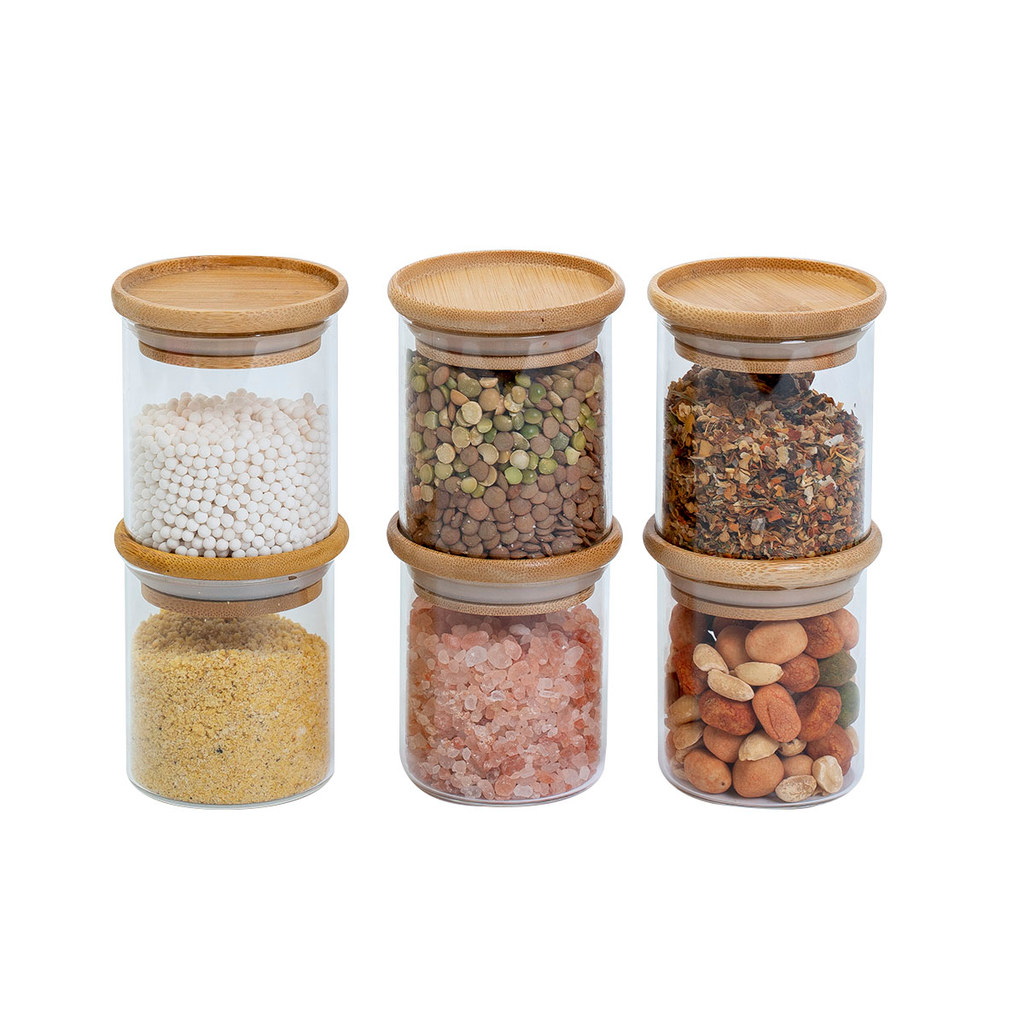 Kit 6 Potes de Vidro Empilhável Hermético Tampa Bambu 200ml Oikos em Oferta na Shopee