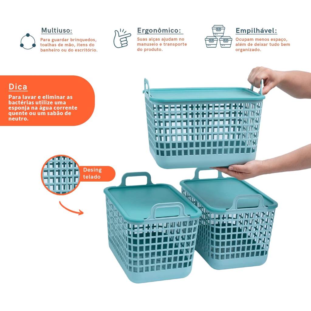 Kit 3 Cestos Telados com Tampa de Plástico 15l Verde – Oikos — imagem 2 de 2