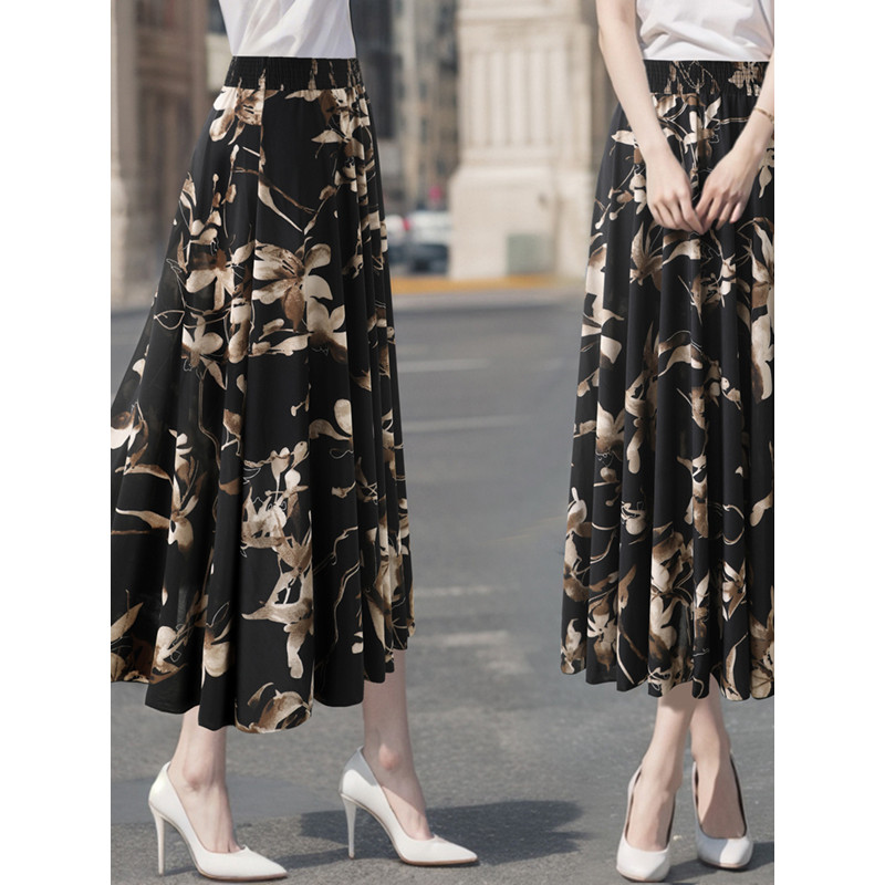 Saia de seda gelada de 73 cm, antirrugas, sem passar roupa, saia grande Swing, meio verão, Floral, saia longa plissada