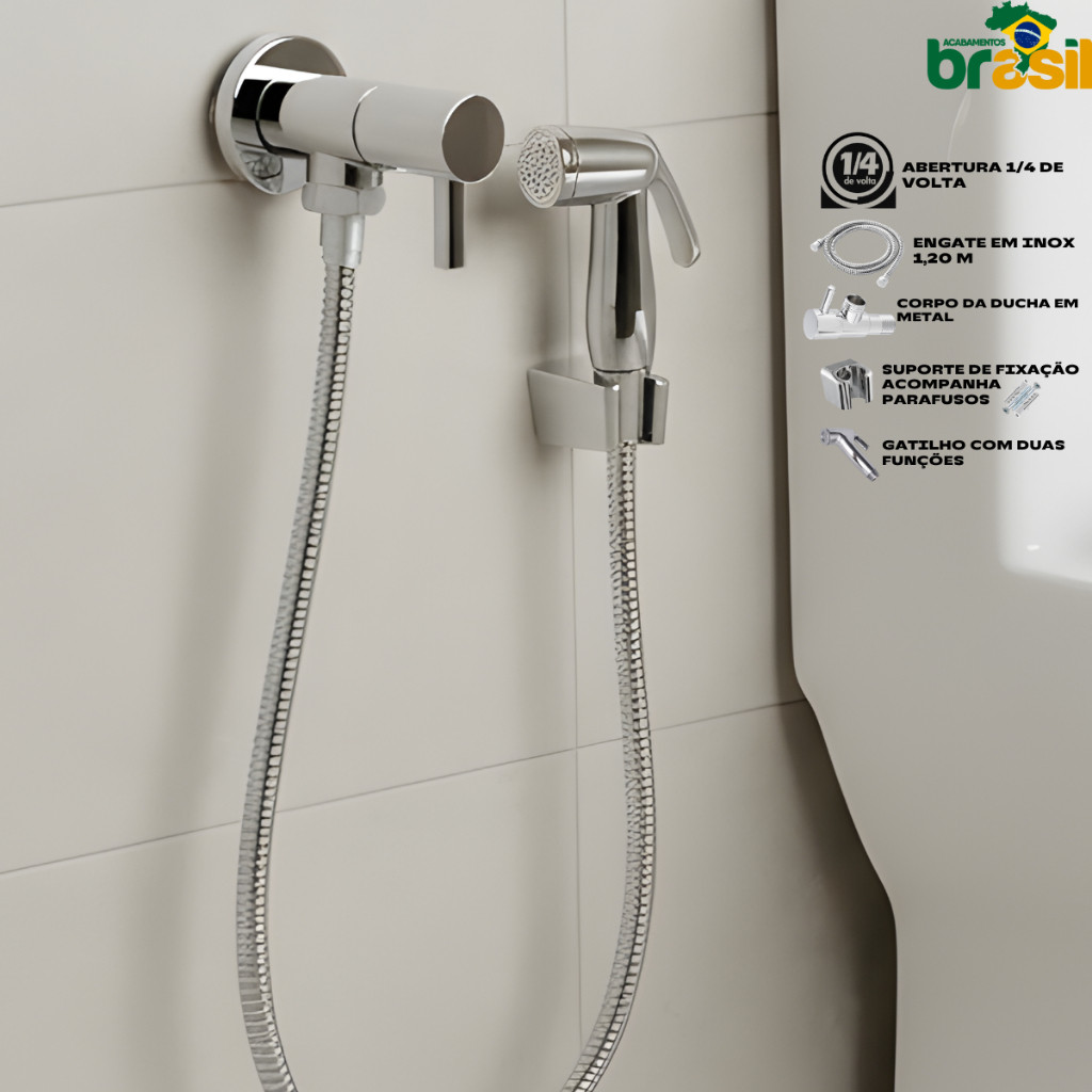 Ducha Higienica Metal Cromada 1/4 De Volta Gatilho Inox 1,20m