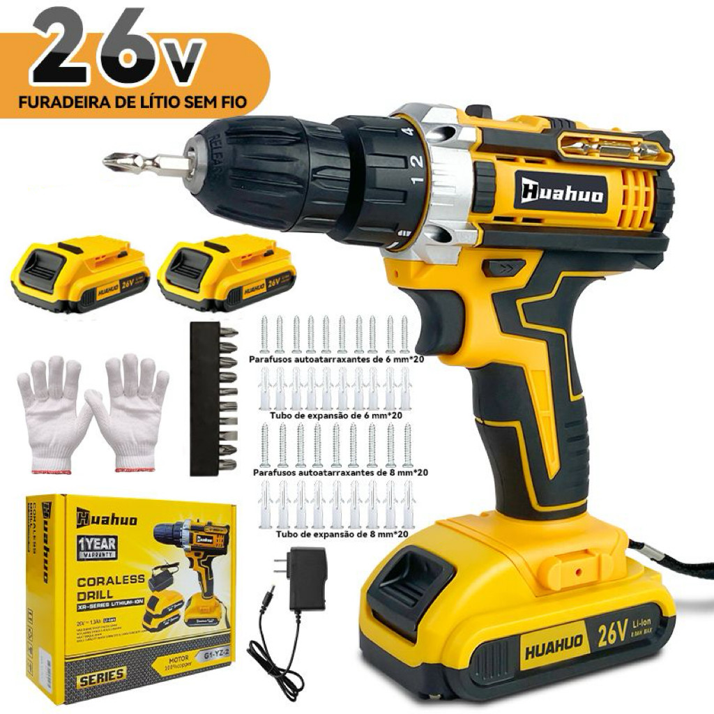 Furadeira Parafusadeira 26V/18V/12V Baterias Sem Fio Impacto Com Maleta Completo Broca Bits Caixa de papelão~ em Oferta na Shopee