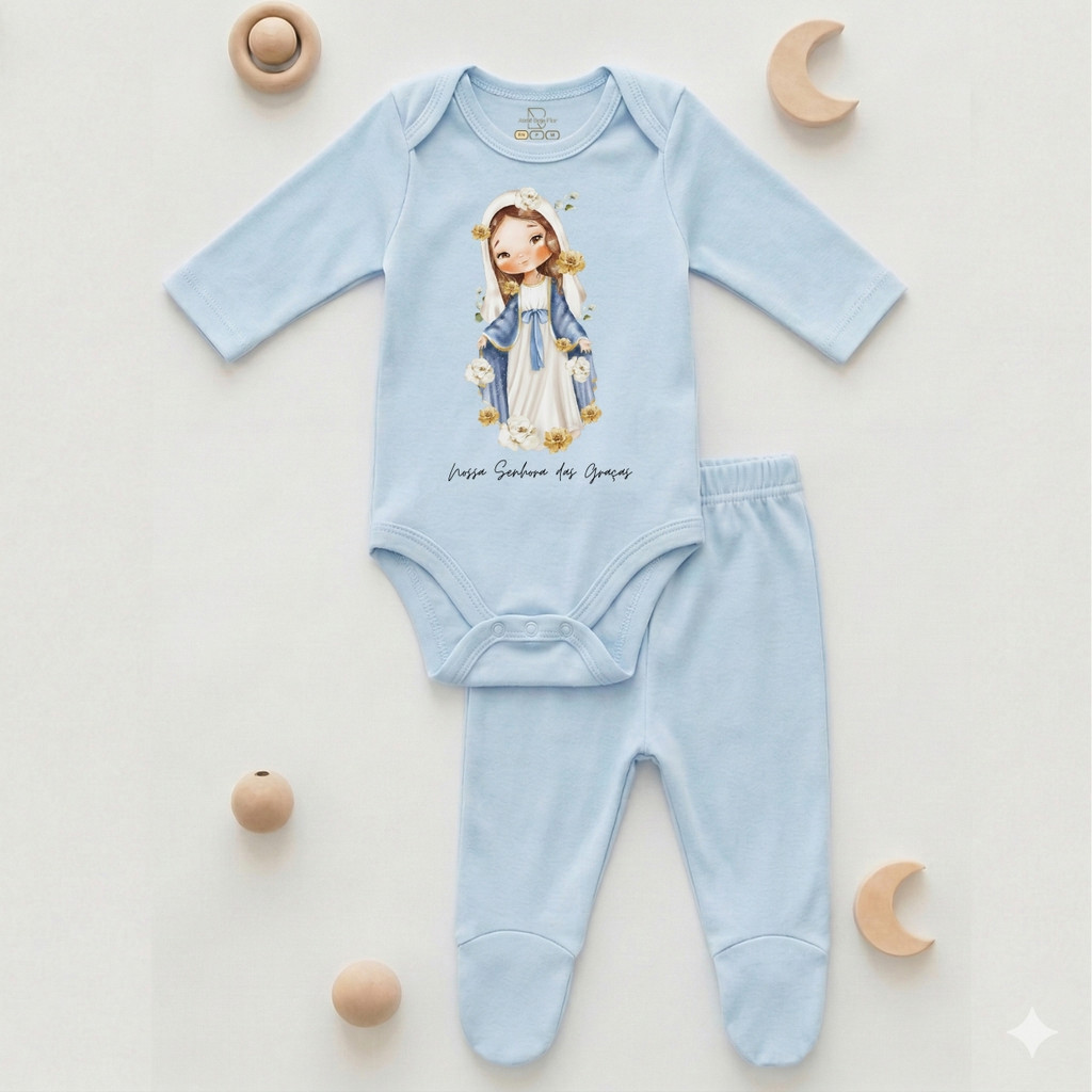Kit Body Bebê Santinhos Mijão Azul Pezinho Manga Longa Infantil Religioso Macacão Santa Teresinha Santa Clara Santa Rita