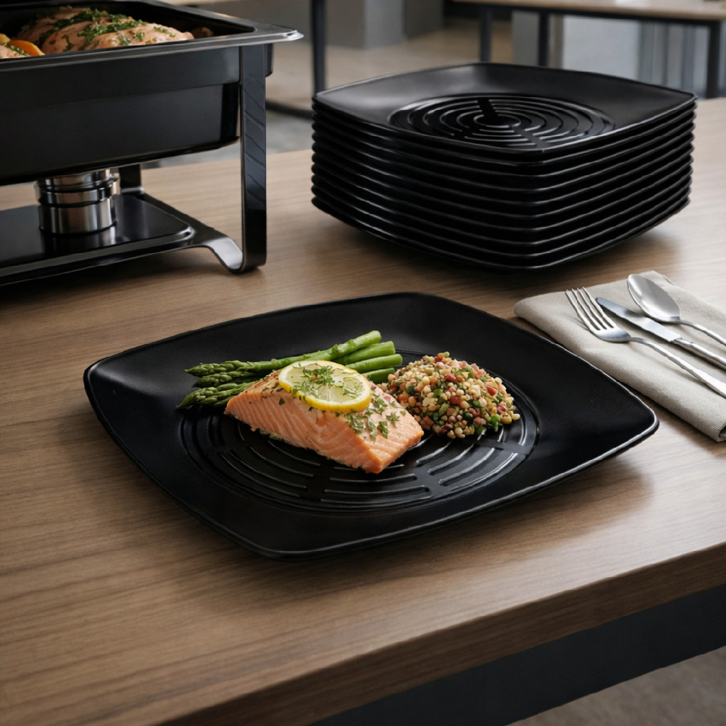 50 Prato Acrílico Quadrado Resistente Refeição 22cm Preto