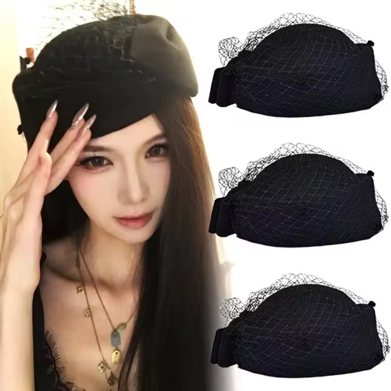 Chapéu De Boina Preto , Topo Plano Vintage Francês Com Véu De Malha , Design Estruturado Macio Para Mulheres , Acessório