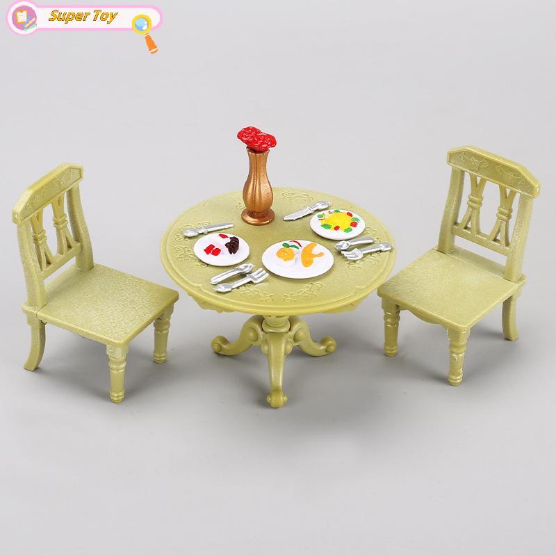 SUPERTOY 1/12 Casa De Bonecas Em Miniatura Cadeira De Mesa Dupla Conjunto Redonda Móveis De Jantar De Madeira Simulação 