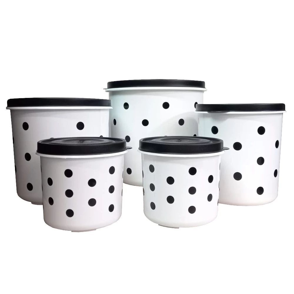 Jogo Potes para Mantimentos Cozinha 5 Peças Poá Branco com Preto Armazenamento de Alimentos