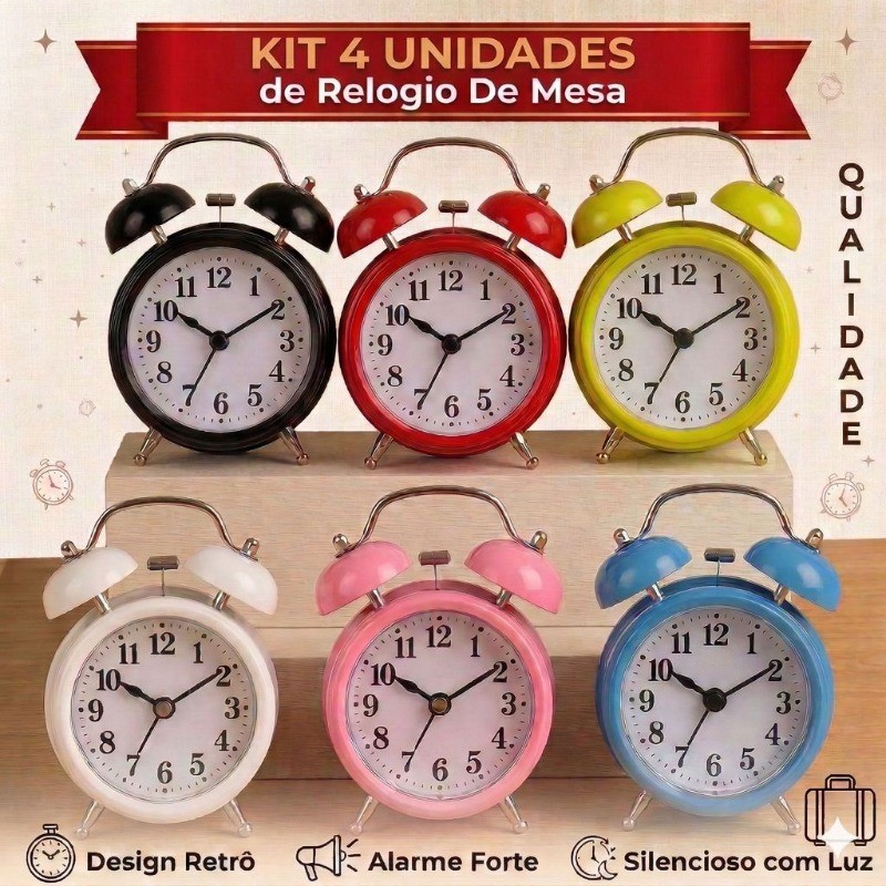 Kit 2/3/4 Relógio Despertador Analógico Vintage Retrô Unidades Relógio de Mesa Metal Alarme Alto Luz Noturna
