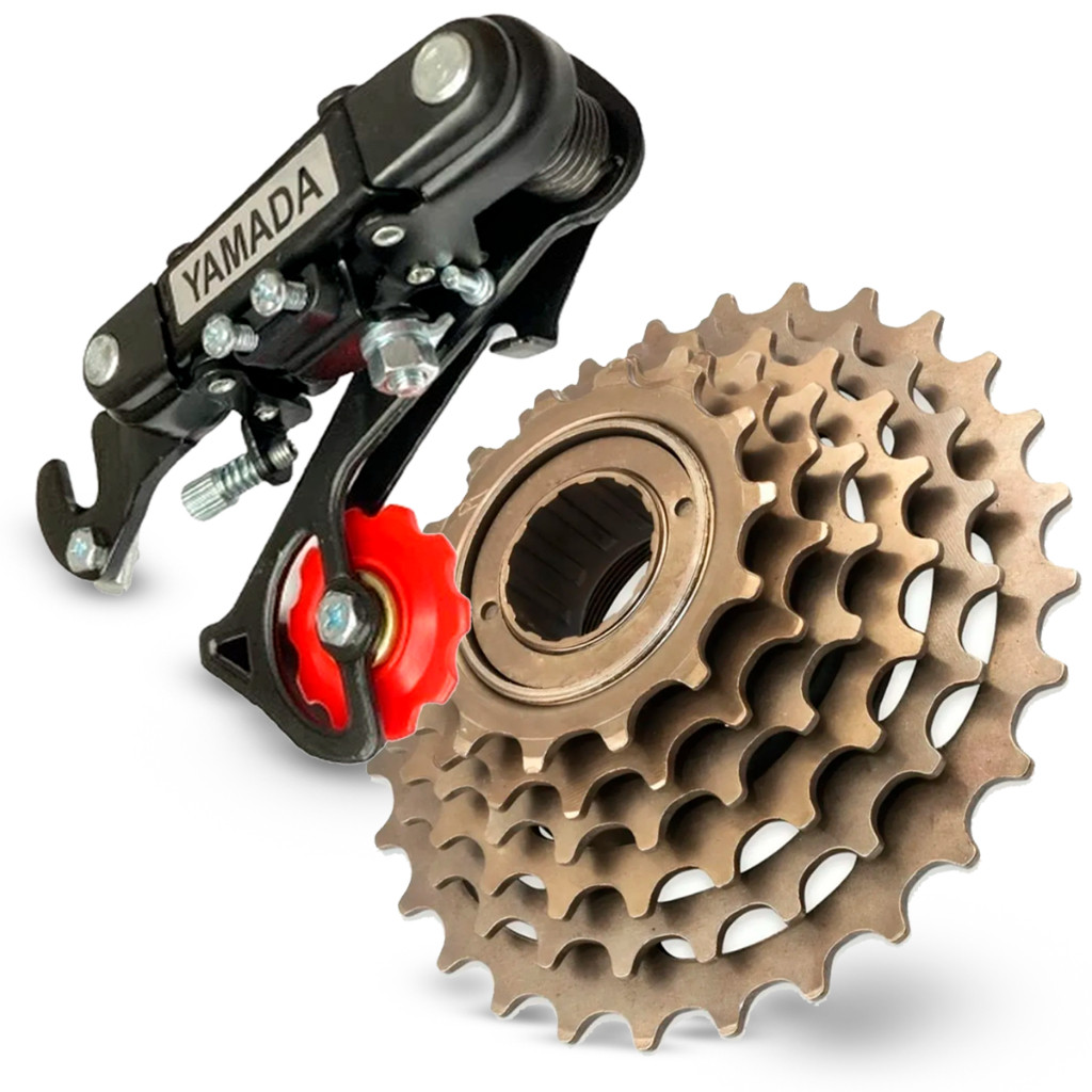 Kit Transmissão Bicicleta Catraca  7V Roda Livre 14/28 + Câmbio Traseiro Indexado Universal MTB