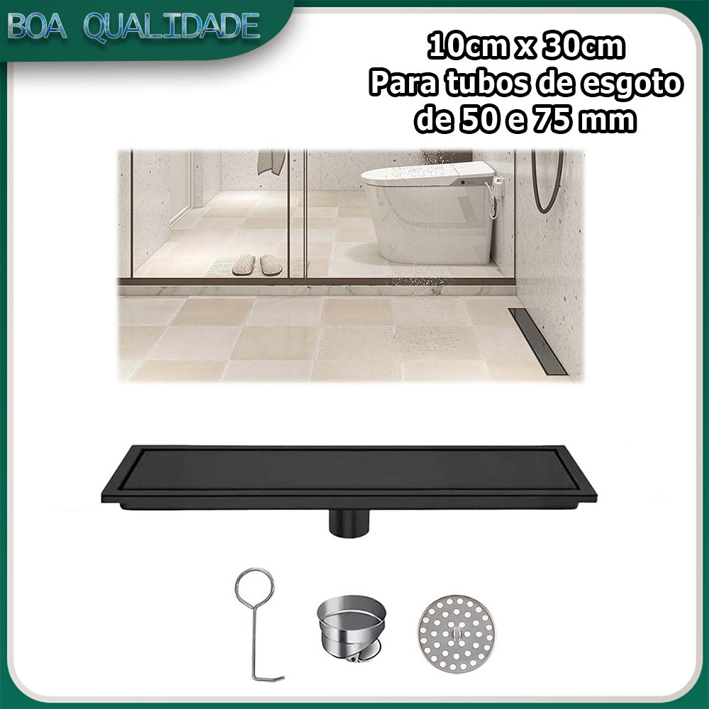 10x30cm Ralo linear para chuveiro ralo embutido ralo retangular de aço inoxidável para chuveiro com tela filtrante Preto