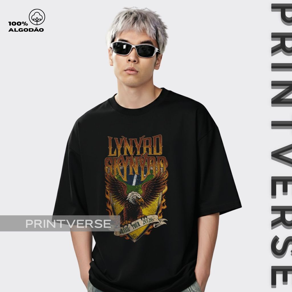 Camiseta Banda Lynyrd Desenho Caveira Skynyrd Bandeiras Estética de Rua Rock Internacional