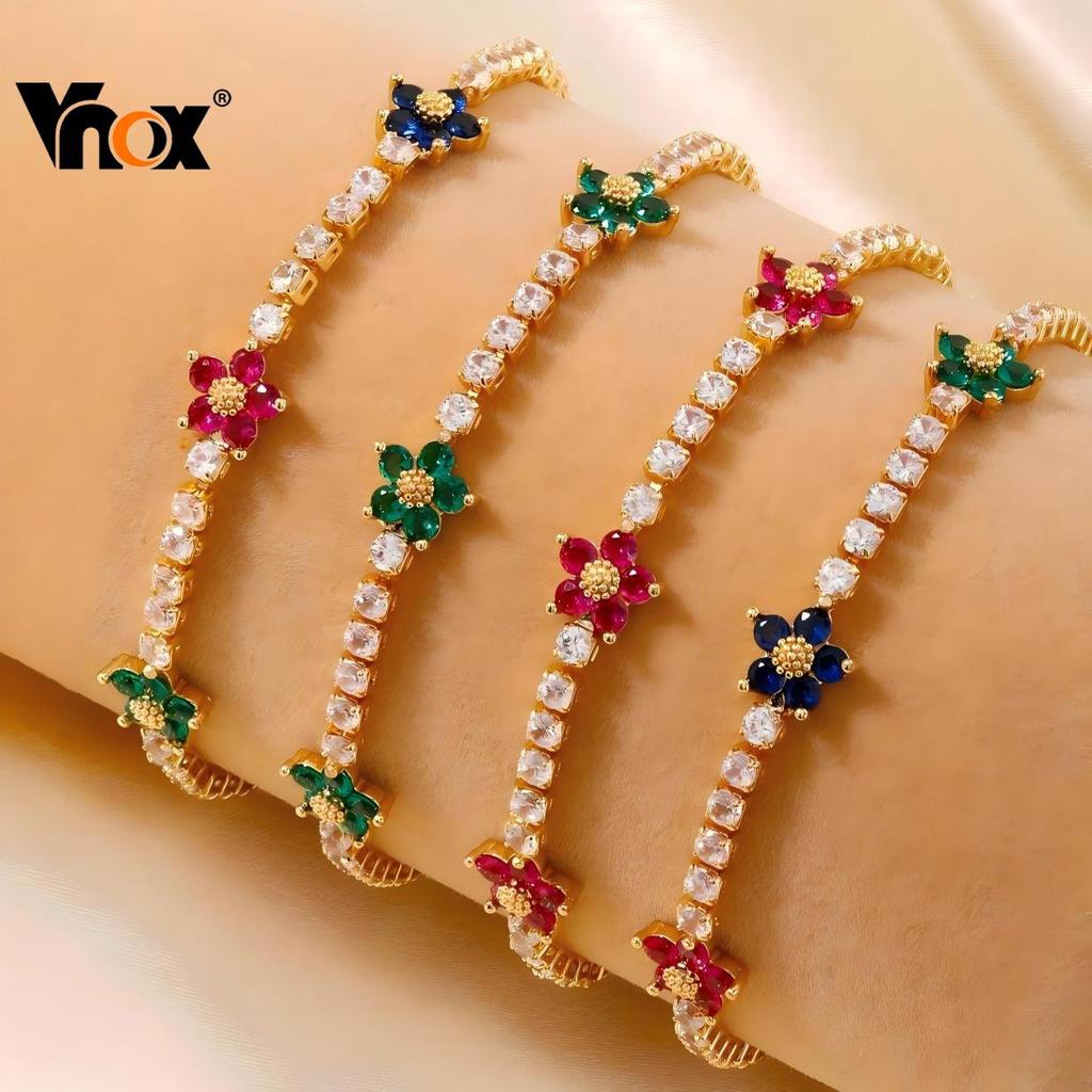 Pulseira De Corrente De Tênis Vnox Red Zircon Five Leaf Flower Gold Para Mulheres – Joias Elegantes Presente