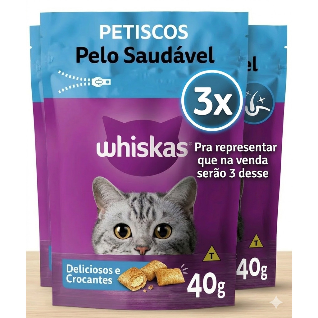 Kit Combo 3X Whiskas Petisco Pelo Saudavel 40g