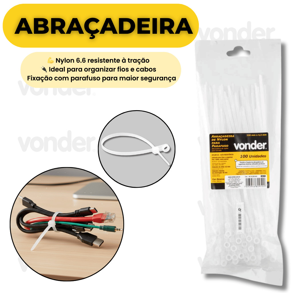Abraçadeira Nylon Branca 220mm Vonder Com Olhal Para Parafuso Kit 100 Unidades F