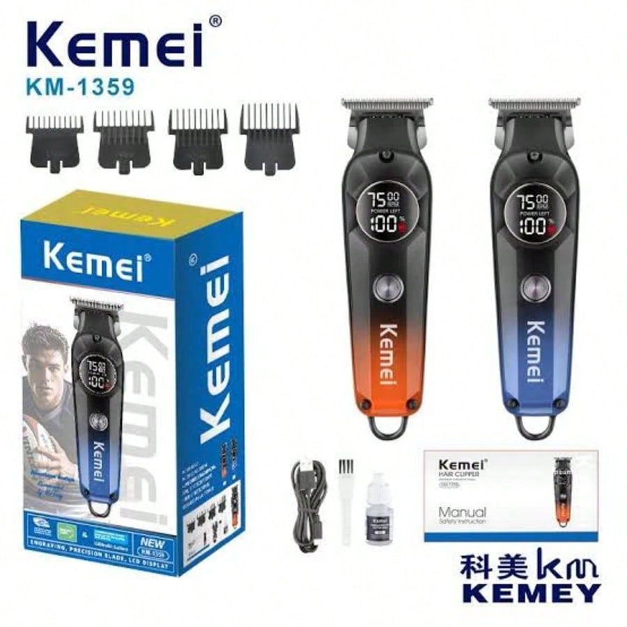 Máquina de Cortar Cabelo e Barba  KM-1359 – Motor 7500RPM, Bateria 1200mAh, Display LED Turbo
