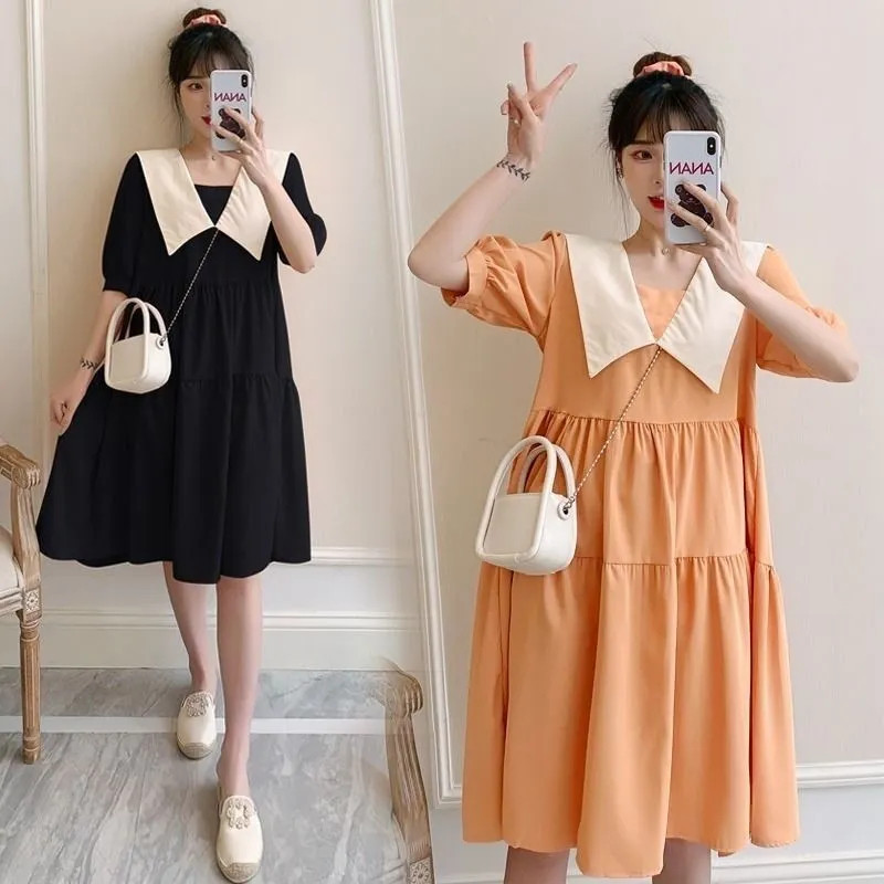 Roupa de maternidade verão terno 2025 verão moda versão coreana gola boneca tamanho grande solto estilo ocidental vestid