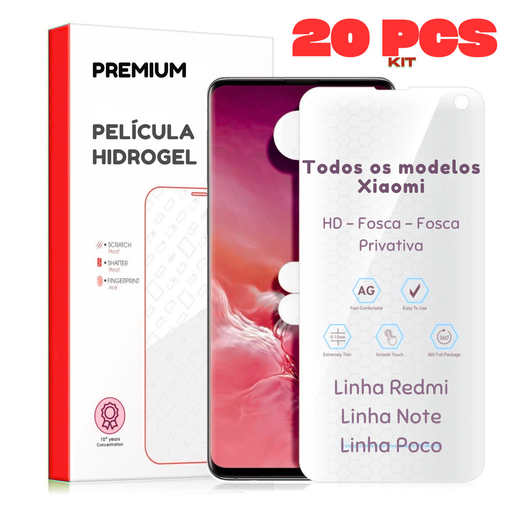 KIT 20 Películas Hidrogel HD, Fosca, PV p/ Xiaomi Todos os Modelos Redmi Note 15