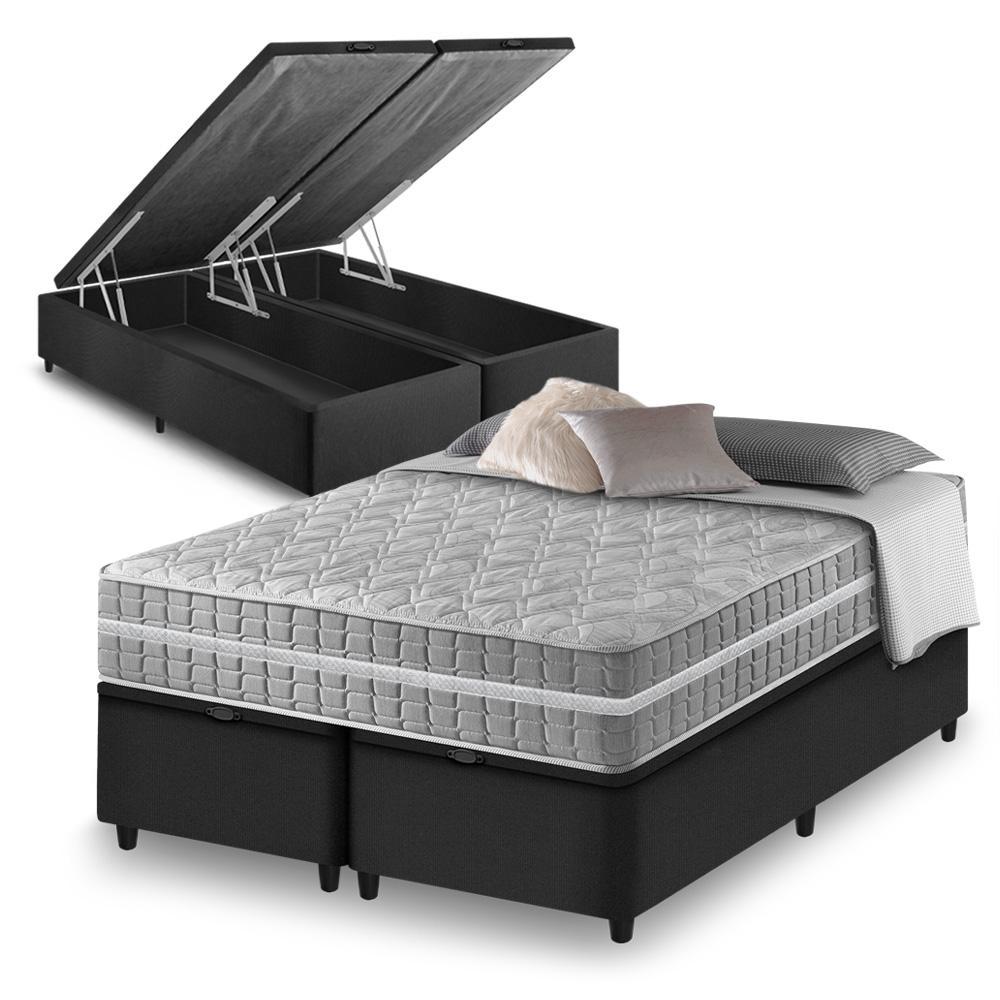 Cama Box Baú Queen Bipartido Preto + Colchão Molas Ensacadas Zidi Alabama 158x198x66cm