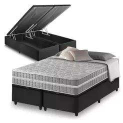 Cama Box Baú Queen Bipartido Preto + Colchão Molas Ensacadas Zidi Alabama 158x198x66cm