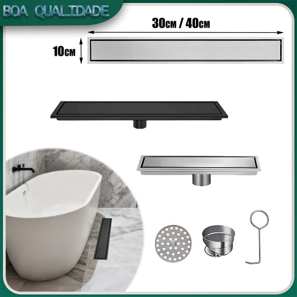 Ralo linear para chuveiro ralo embutido ralo retangular de aço inoxidável para chuveiro com tela filtrante 10x30/40cm